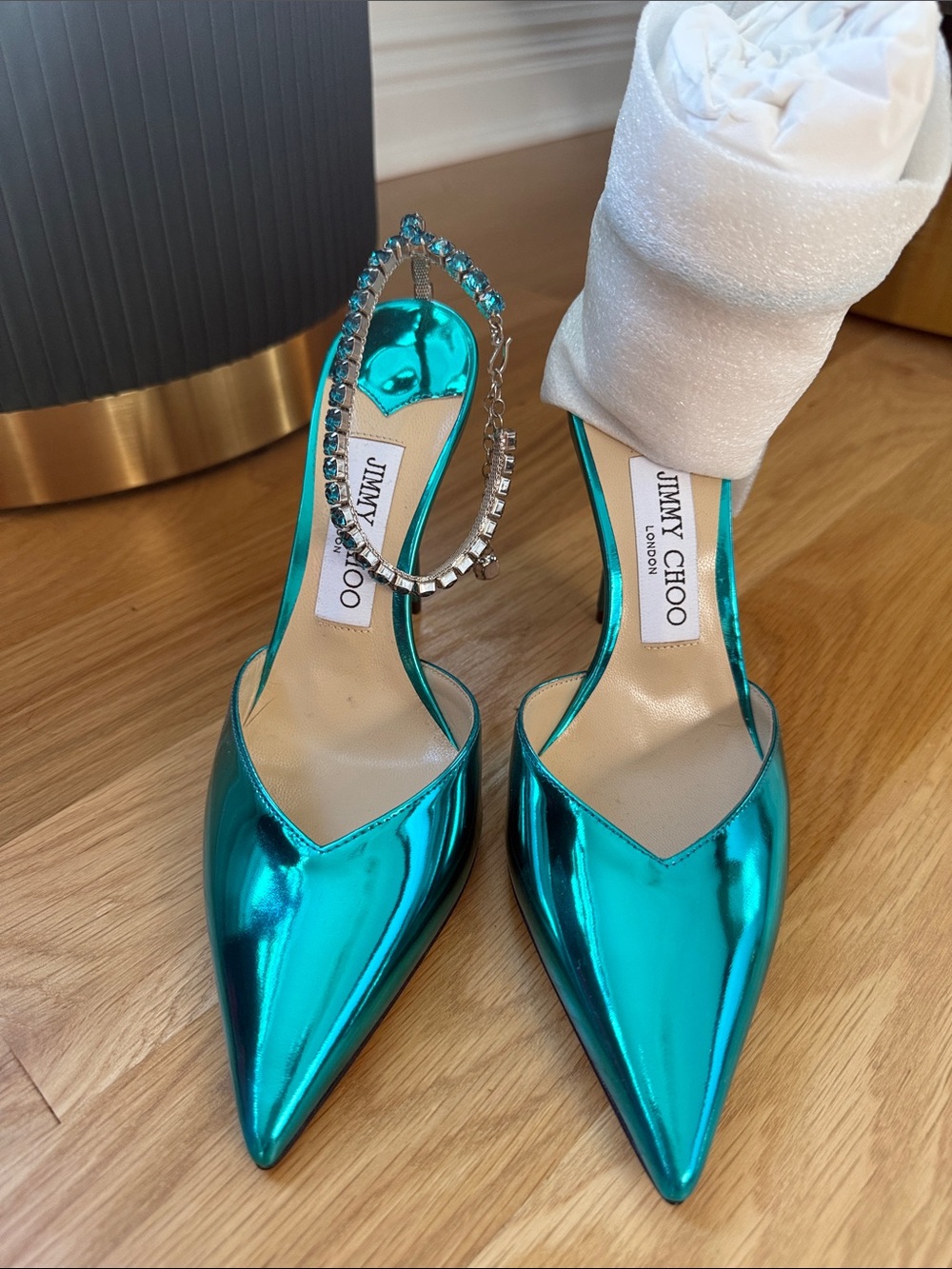 Jimmy Choo Saeda 100 Metallic Teal Pointed Toe Heels with Crystal Anklet